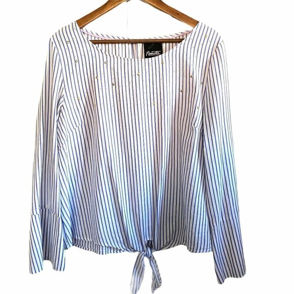 Nanette Lepore Front Tie Gold Embellished Blue White Stripe Blouse Size Large - Picture 2 of 10